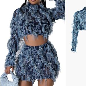 Loragal Tulle Ruffled Trim Long Sleeve Crop Top Mini Skirt Matching Set-Blue